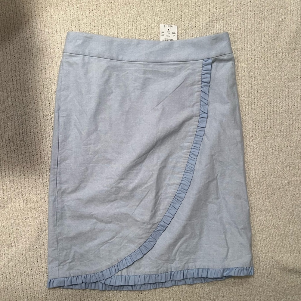 K Crew Light Blue Oxford Ruffle Hem Faux Wrap Pencil Skirt